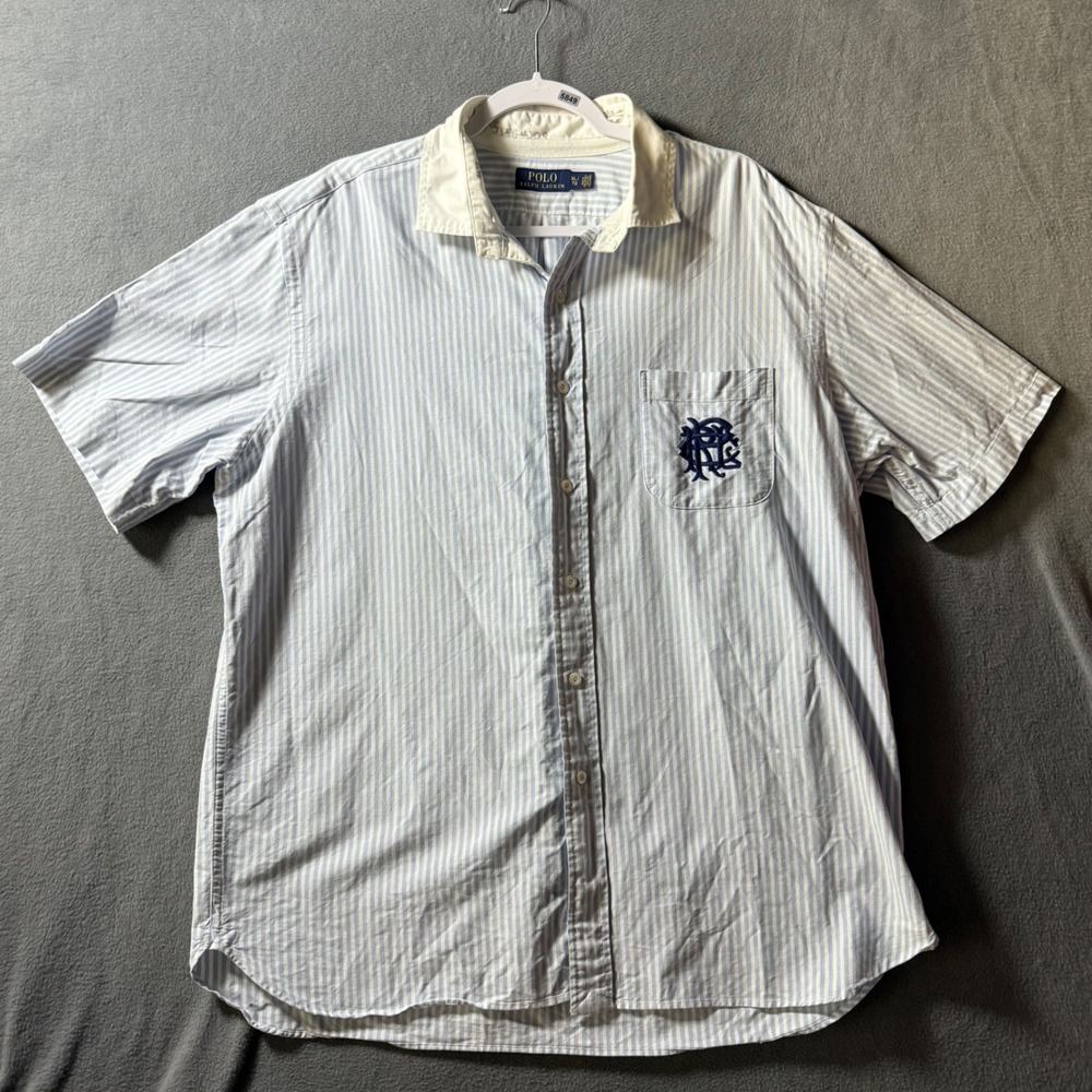 Polo Ralph Lauren Mens XL Striped Short Sleeve Button Down Crest Logo Shirt Blue